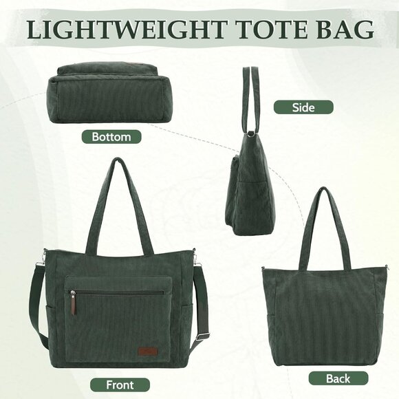 Dark Green Corduroy Large Tote Bag for Women with Zipper, Casual, Stylish, Versa - Picture 6 of 7